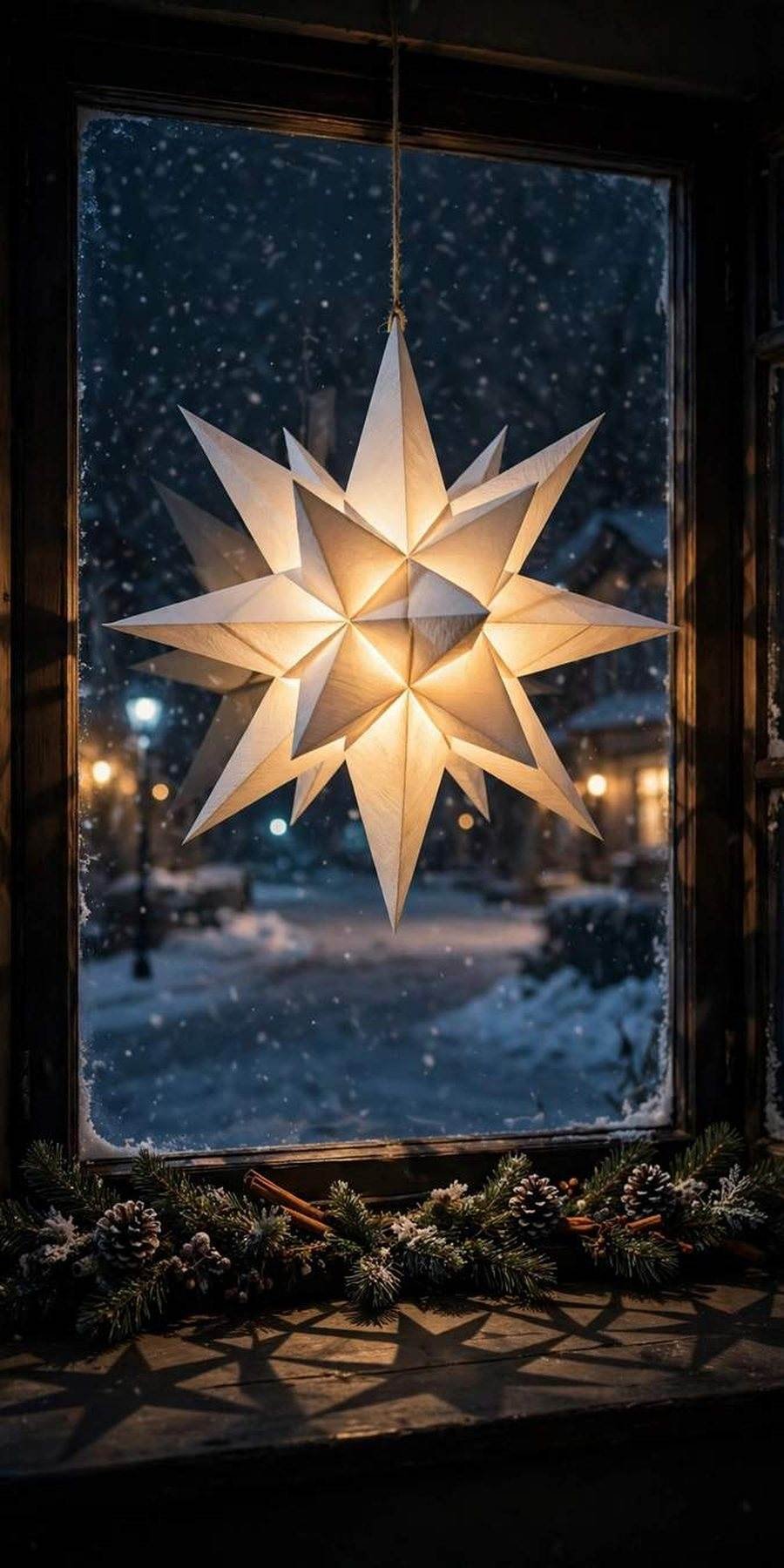 christmas window decor ideas: glowing paper Moravian star hanging in a window