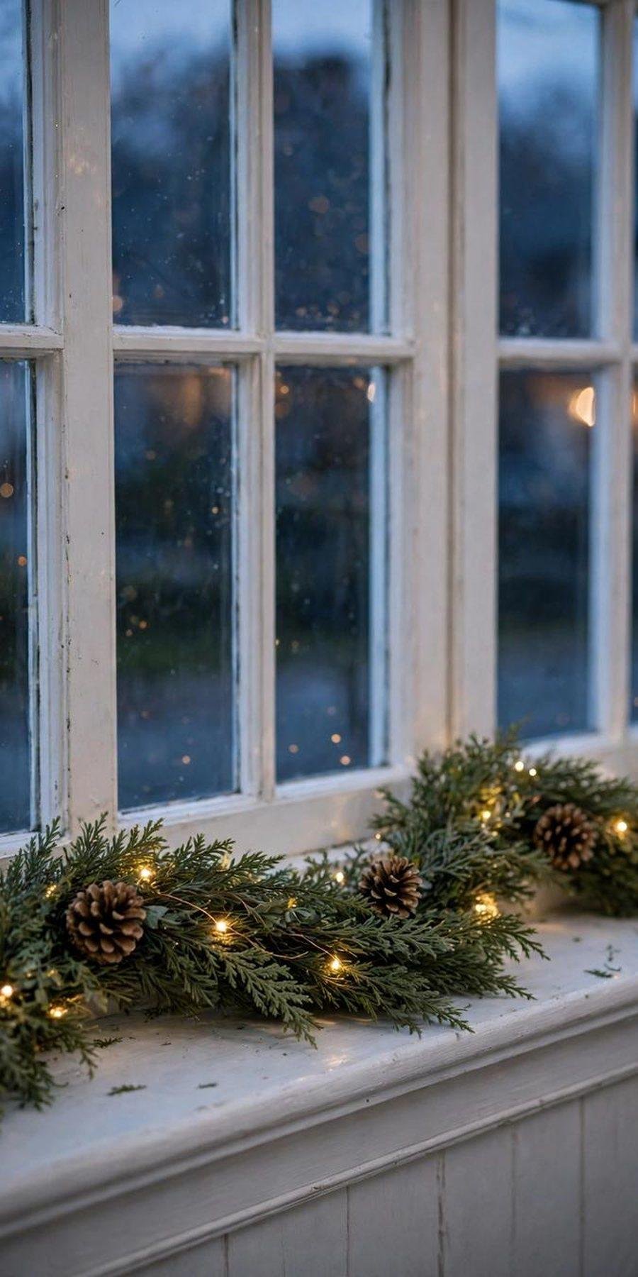 christmas window decor ideas: evergreen garland with lights draped along a windowsill