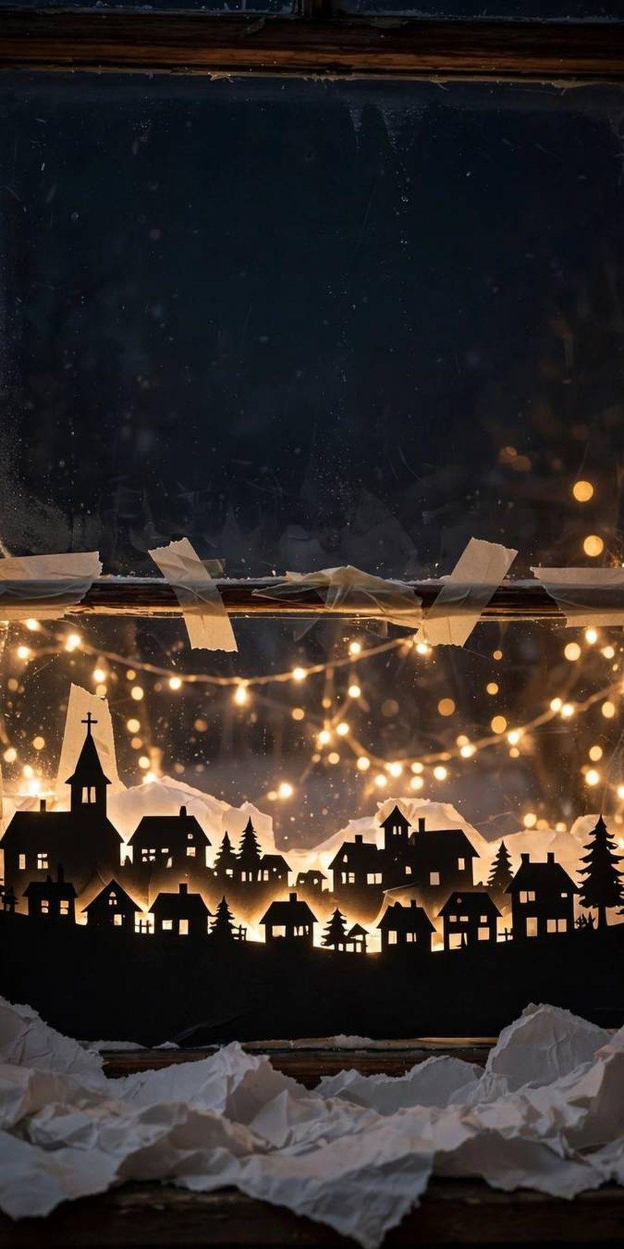 christmas window decor ideas: black paper village silhouette backlit on a window