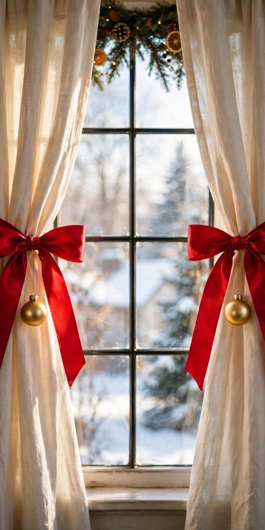 christmas window decor ideas: curtains tied back with red ribbon and hanging ornaments