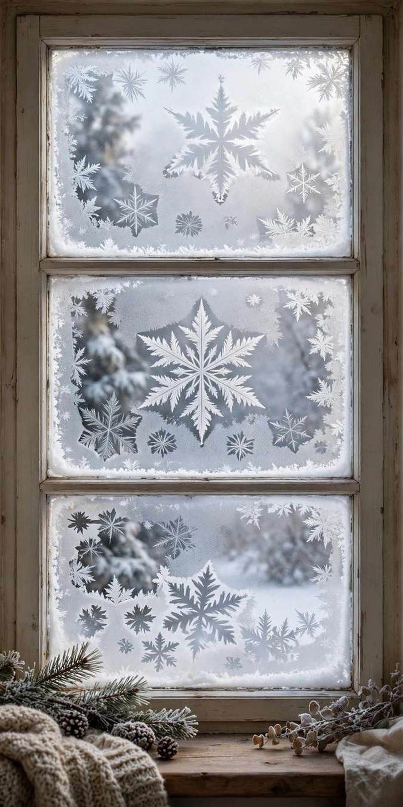 christmas window decor ideas: frosted window with snowflake stencil shapes