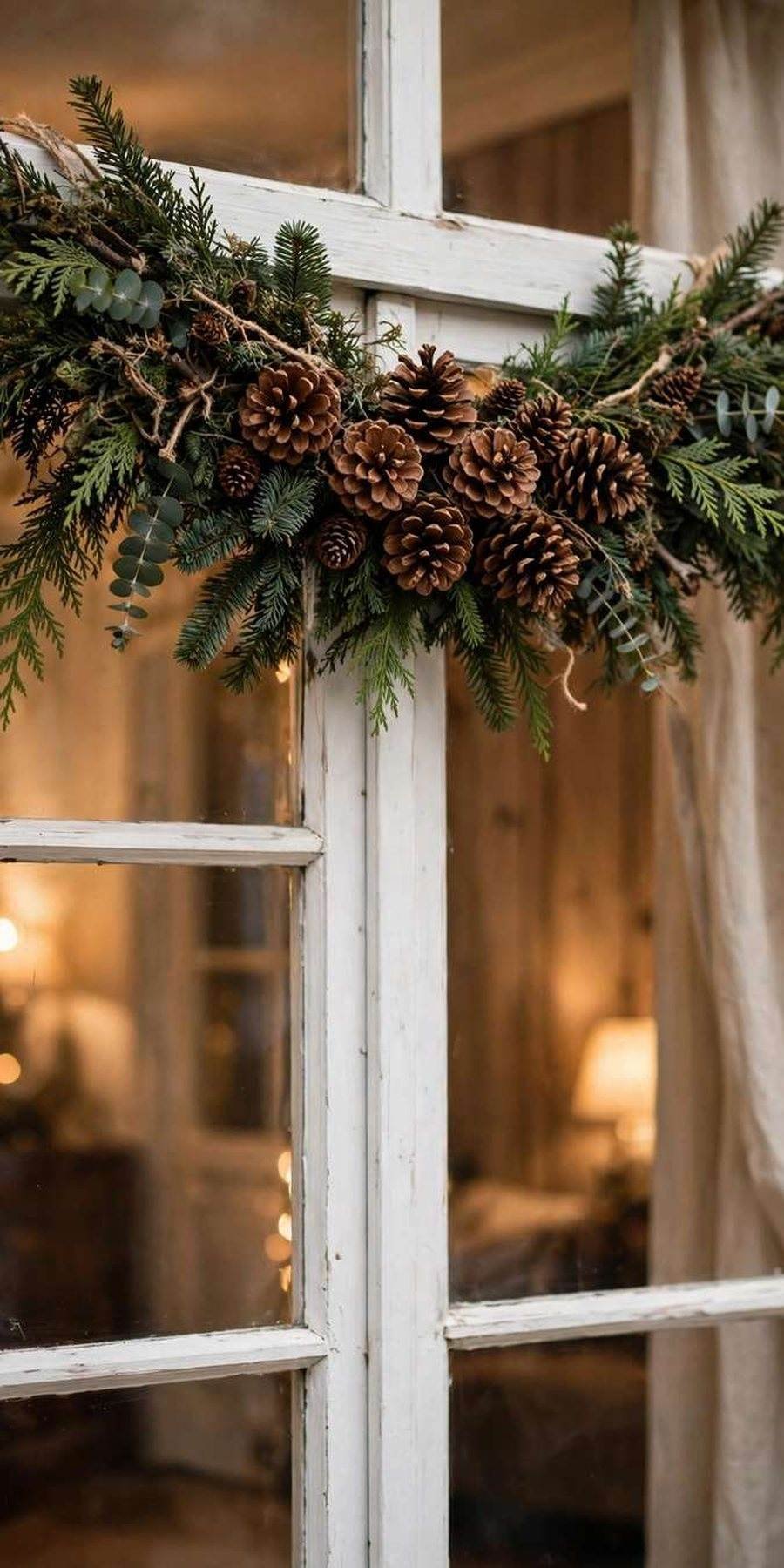 christmas window decor ideas: pinecone swag draped across the top of a window frame