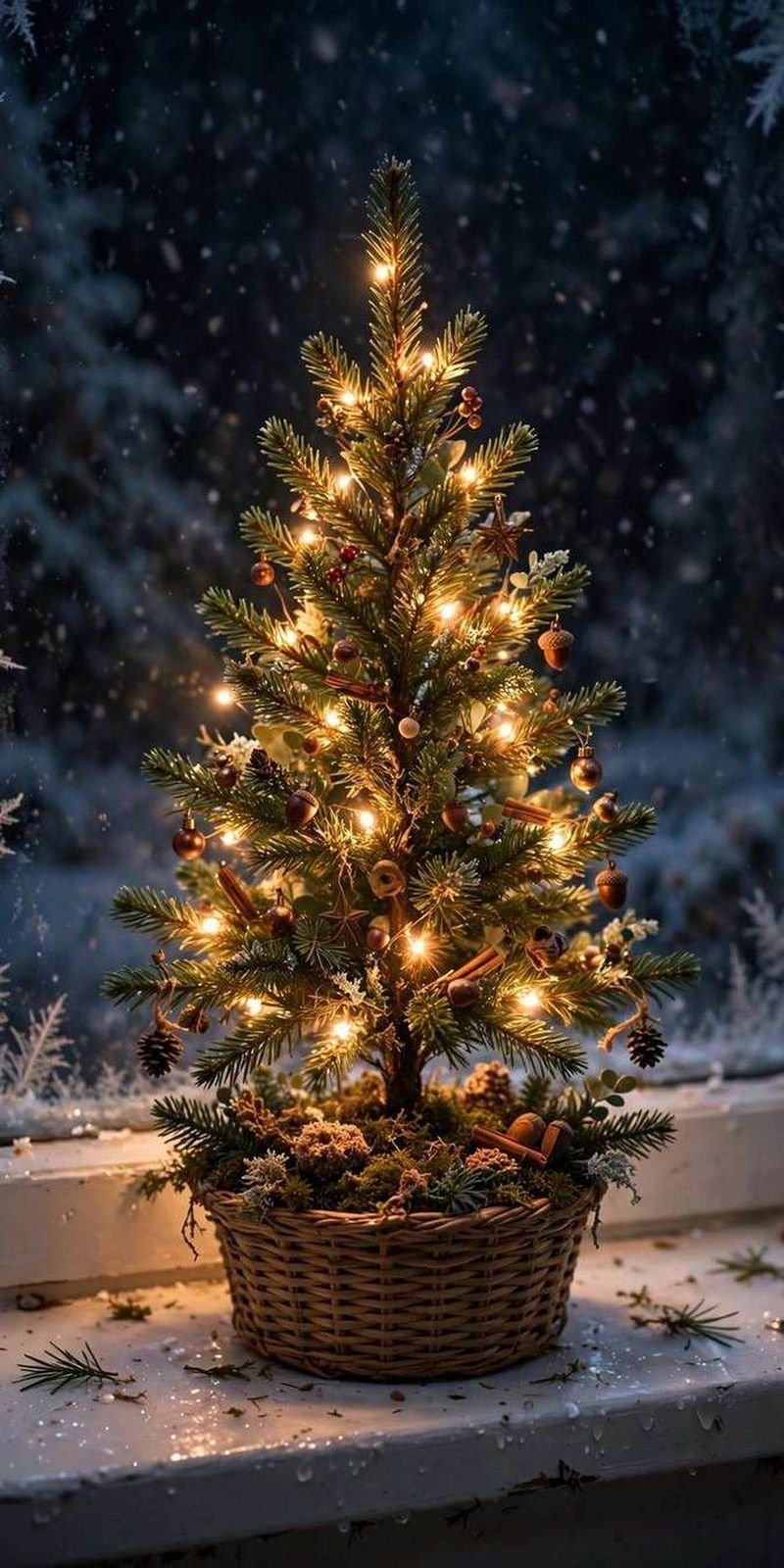 christmas window decor ideas: mini lit tabletop tree standing on a windowsill