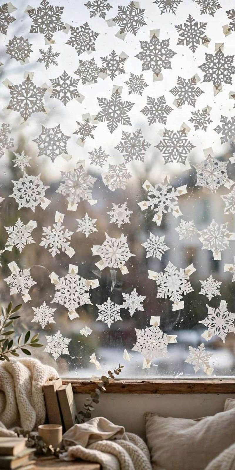 christmas window decor ideas: paper snowflakes taped to window glass in a flurry