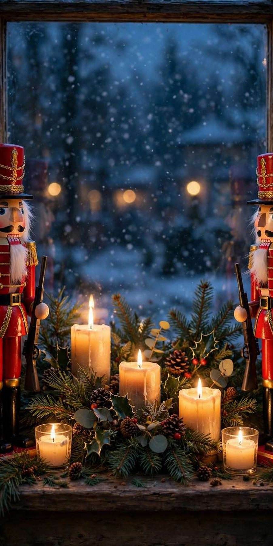 christmas window decor ideas: nutcracker pair flanking candles on a windowsill