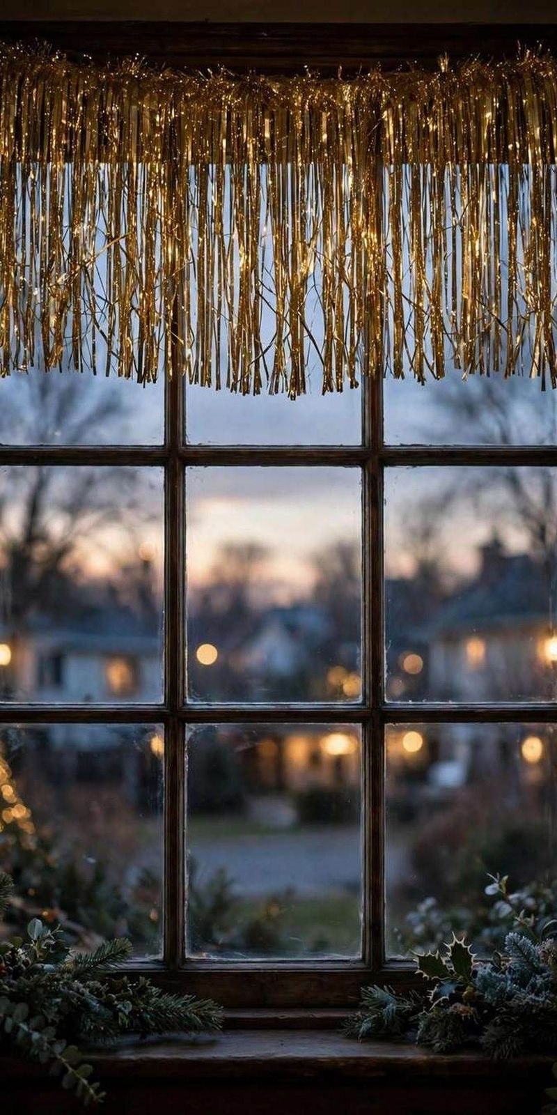 christmas window decor ideas: tinsel fringe valance hanging over a window
