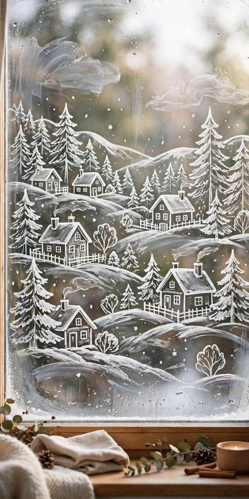 christmas window decor ideas: chalk marker village drawing on window glass