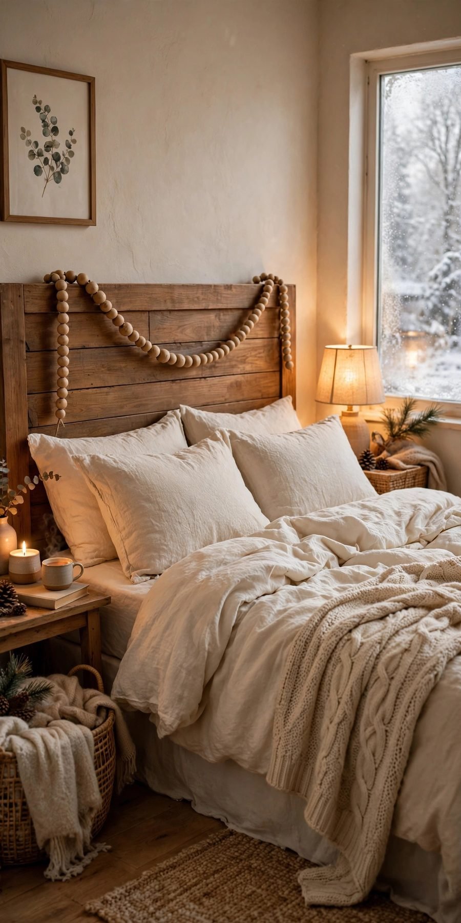 Cozy winter bedroom decor ideas: wooden bead garland draped on a headboard
