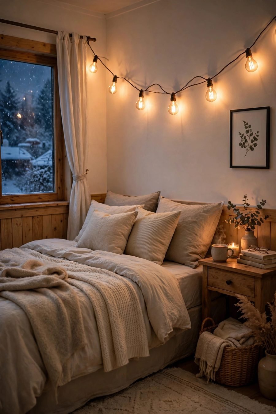 Cozy winter bedroom decor ideas: Edison bulb string lights glowing in a bedroom
