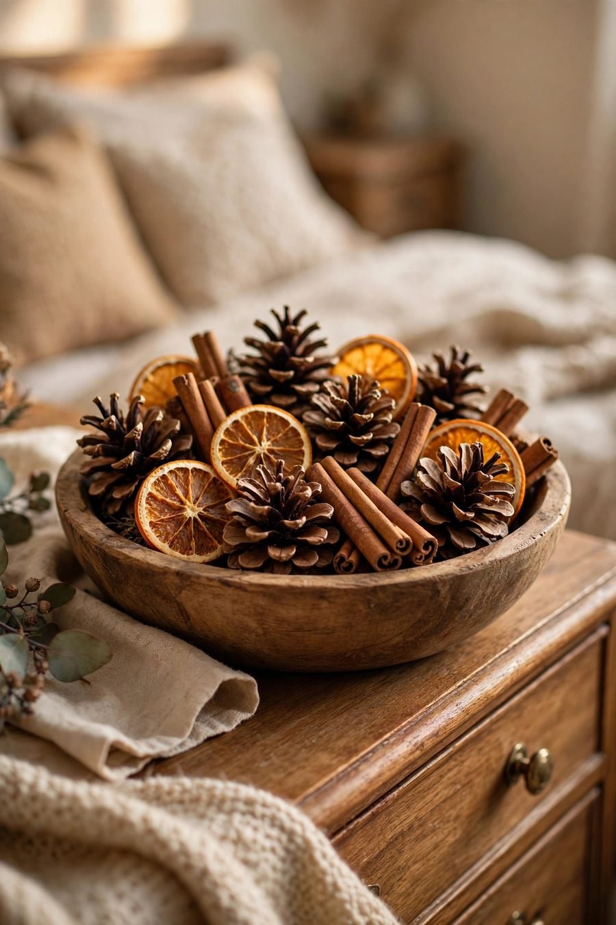 Cozy winter bedroom decor ideas: bowl of pinecones and cinnamon sticks