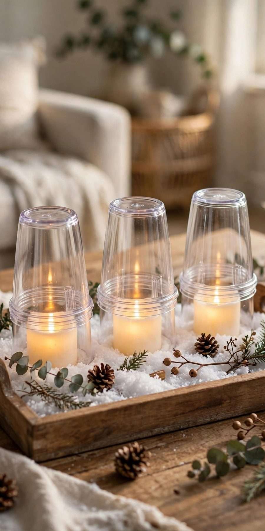 dollar tree christmas decor diy ideas: plastic tumbler candle hurricanes on faux snow