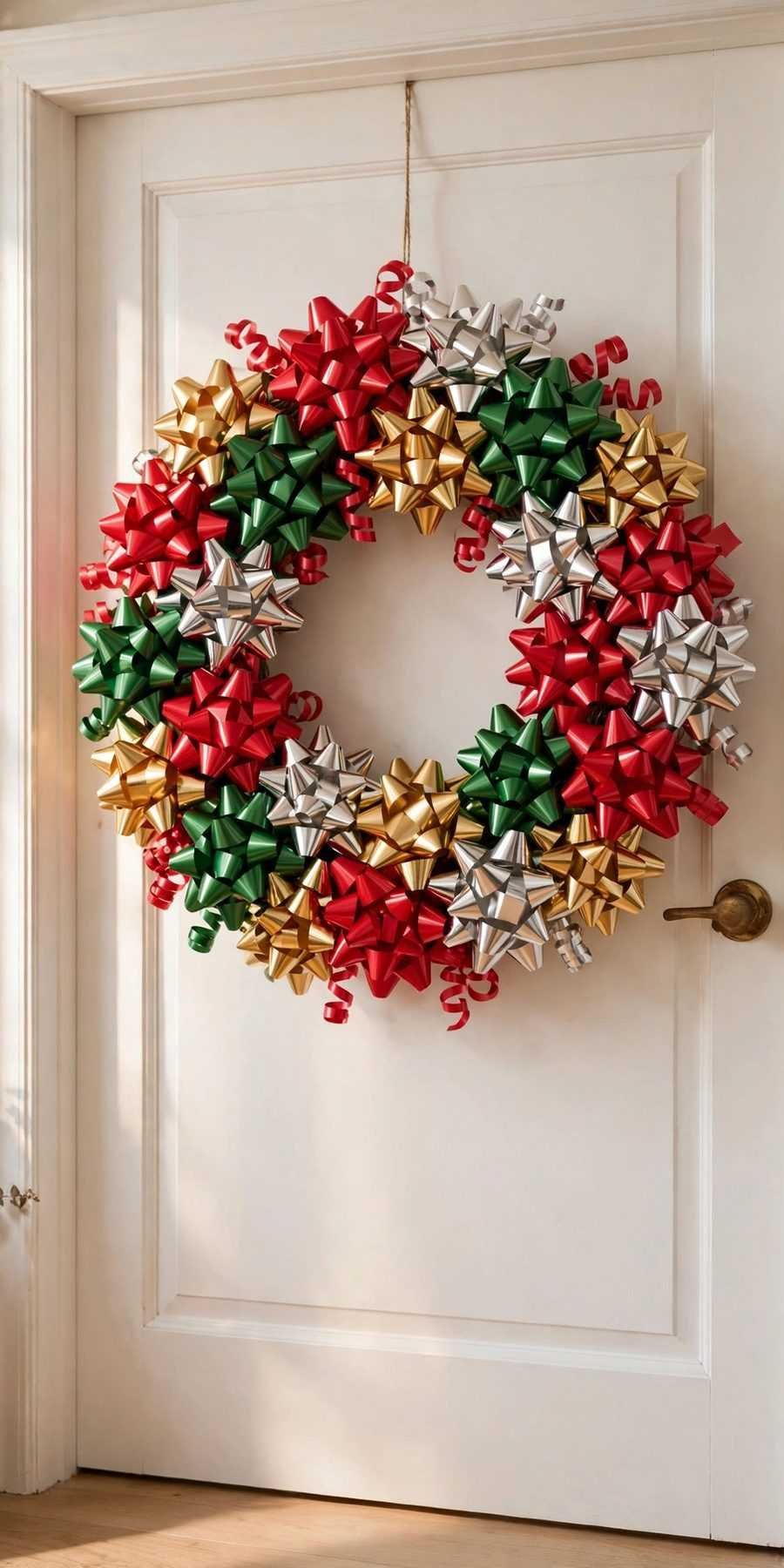 dollar tree christmas decor diy ideas: colorful gift bow wreath on a door