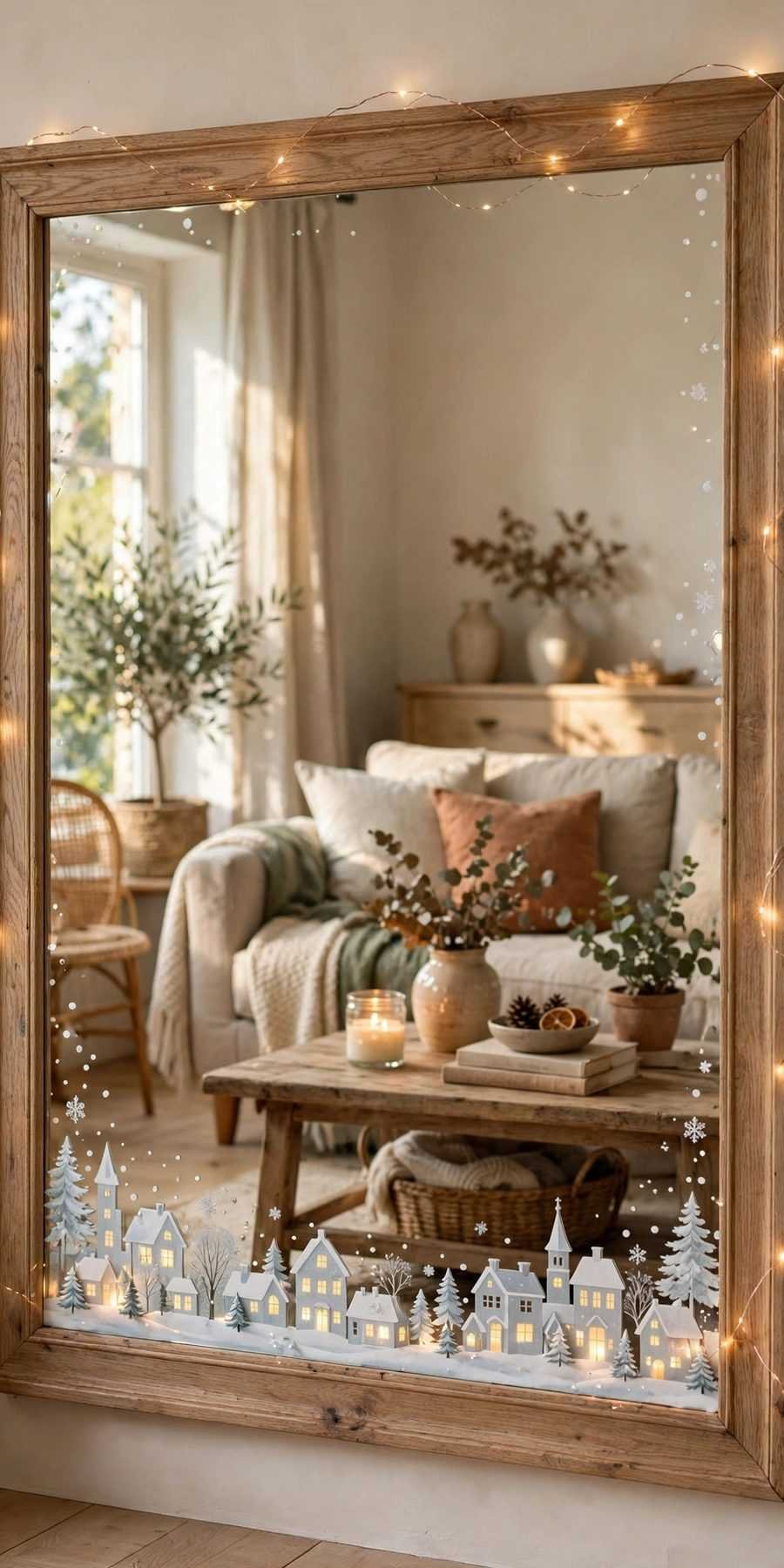 dollar tree christmas decor diy ideas: mirror with window cling winter village scene