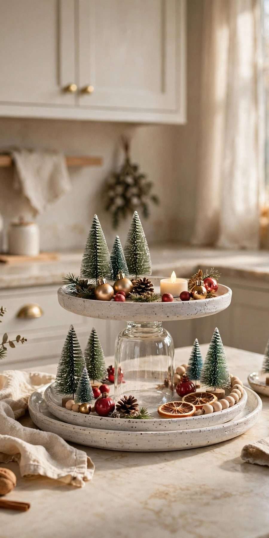 dollar tree christmas decor diy ideas: tiered tray styled with christmas minis