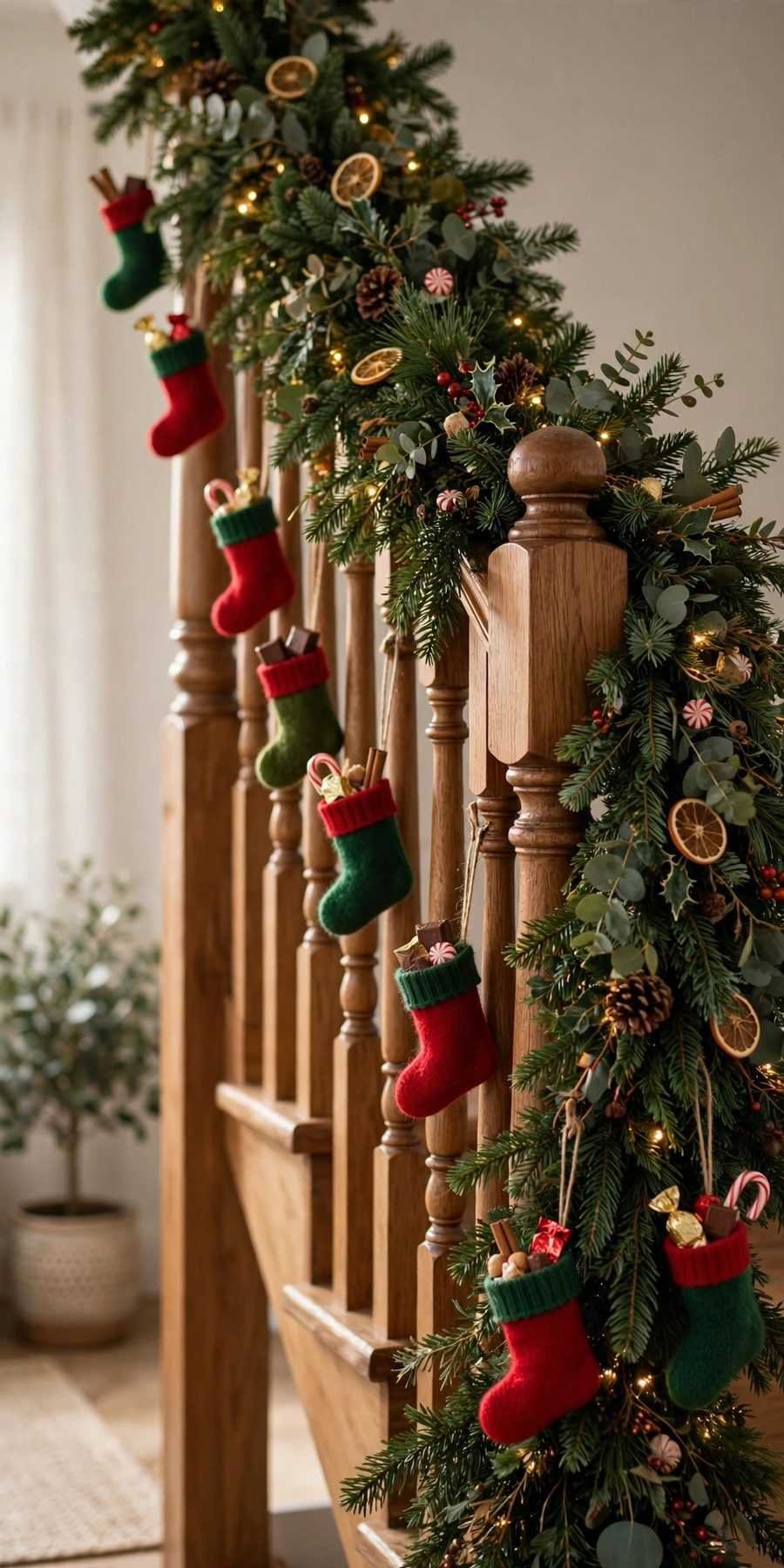 dollar tree christmas decor diy ideas: mini stocking garland on a staircase banister