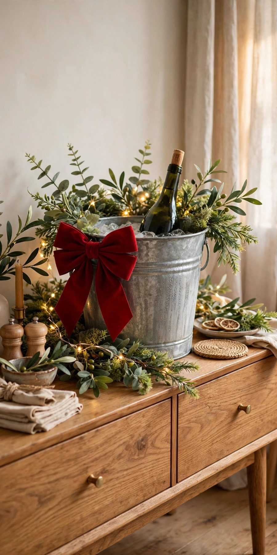 dollar tree christmas decor diy ideas: ice bucket with bottle and fairy lights