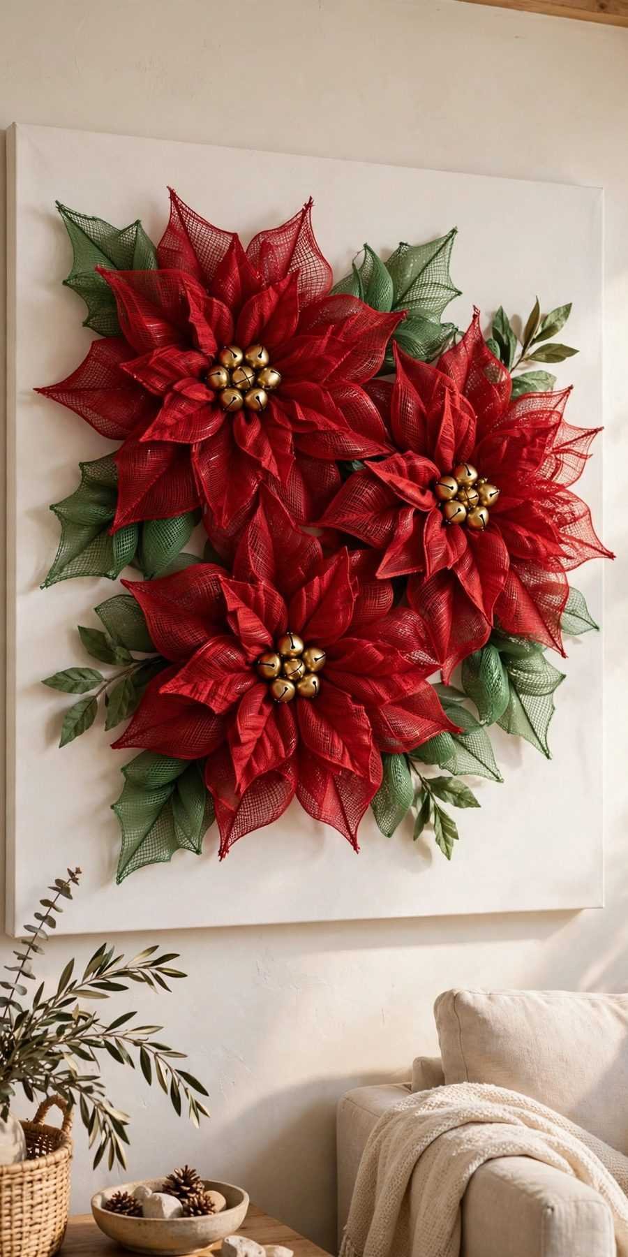 dollar tree christmas decor diy ideas: deco mesh poinsettia blooms on canvas wall art
