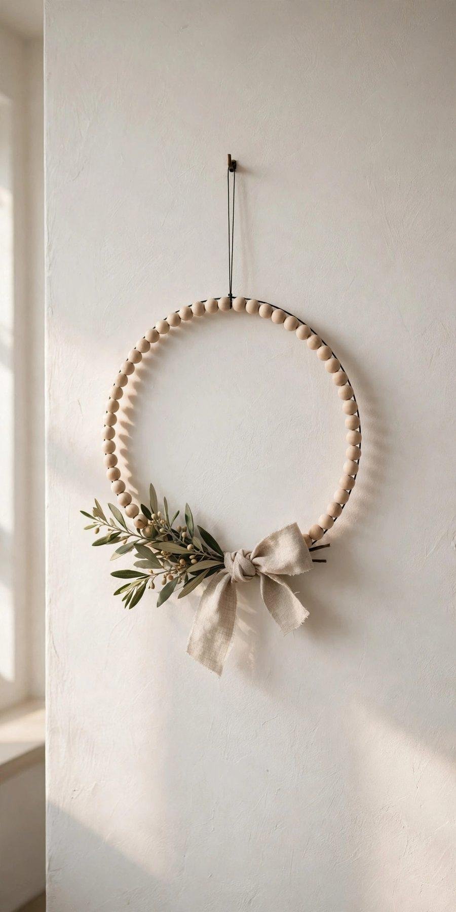 dollar tree christmas decor diy ideas: wooden bead hoop wreath on a wall