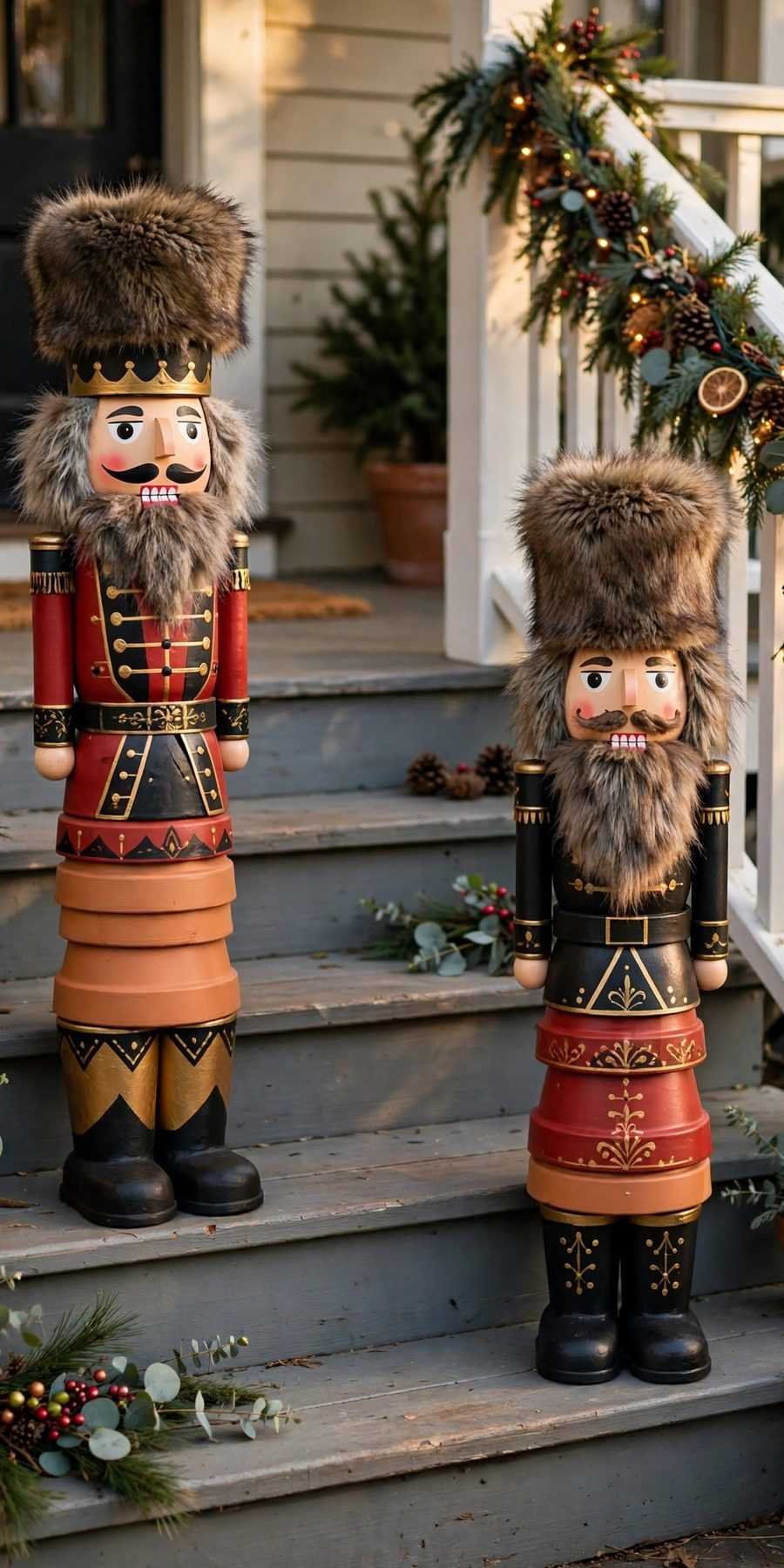 dollar tree christmas decor diy ideas: terracotta pot nutcracker soldiers on front steps