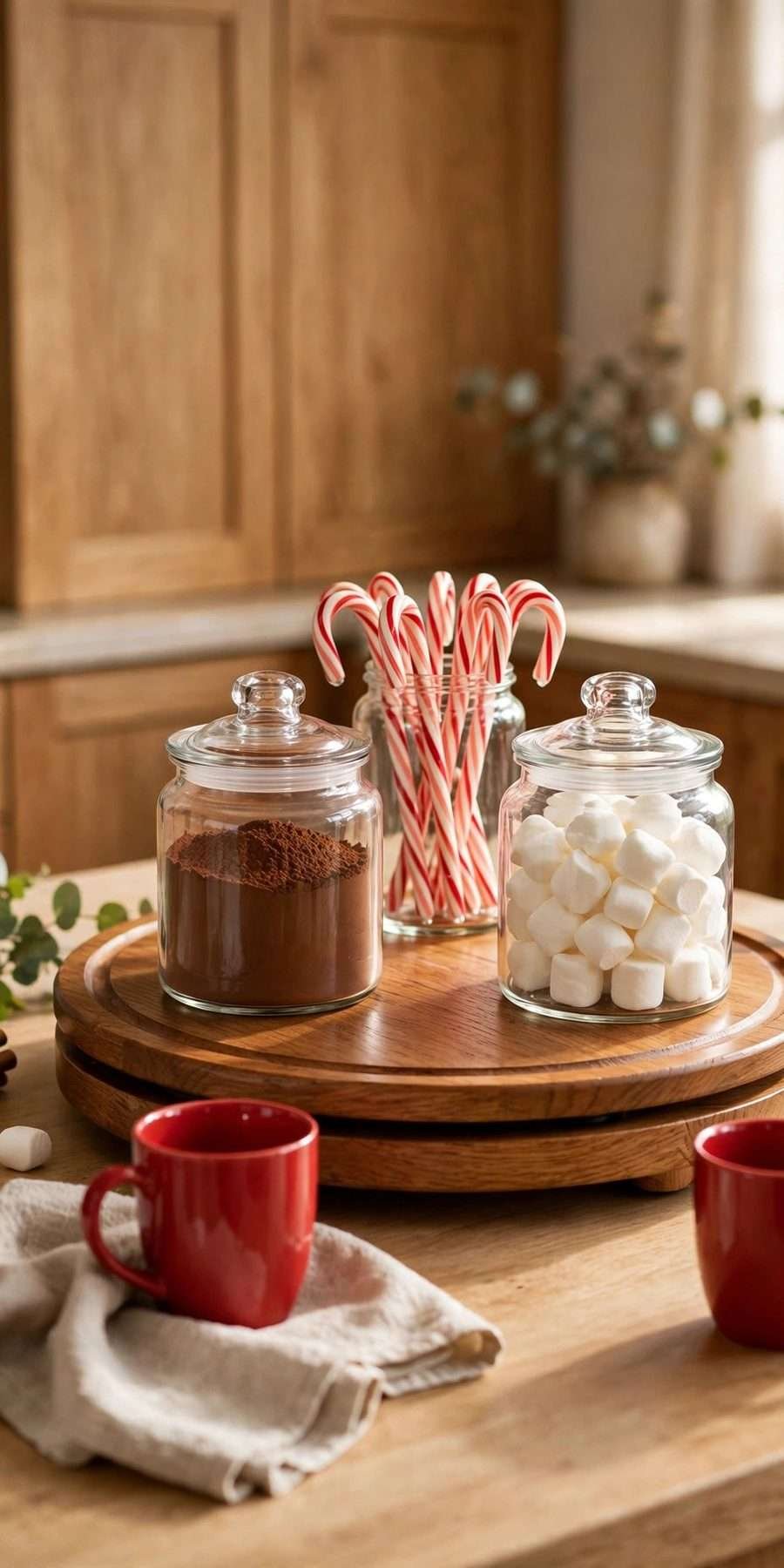 dollar tree christmas decor diy ideas: lazy susan hot cocoa bar on a kitchen counter