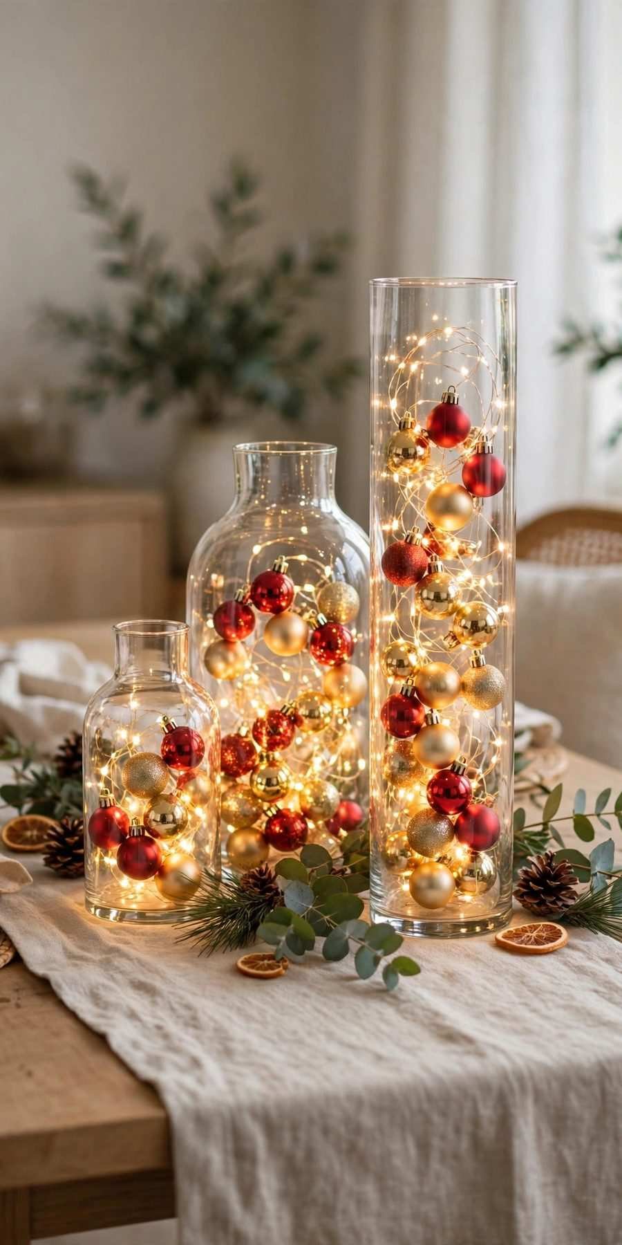 dollar tree christmas decor diy ideas: glowing glass vases with fairy lights and ornaments