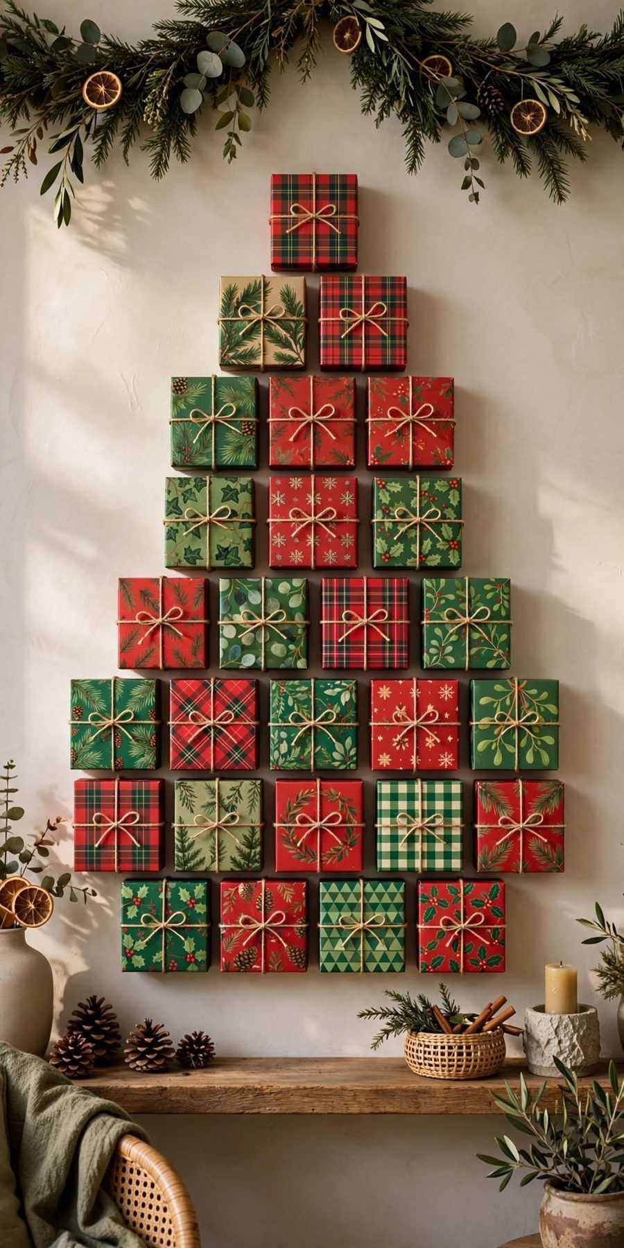 dollar tree christmas decor diy ideas: favor box advent calendar on a wall