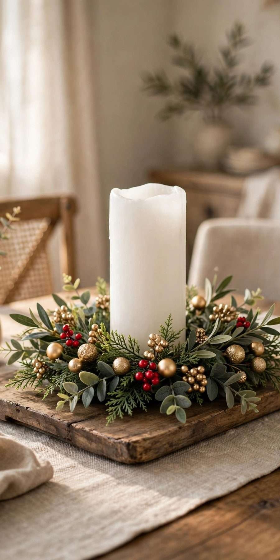 dollar tree christmas decor diy ideas: candle ring centerpiece on a wooden tray
