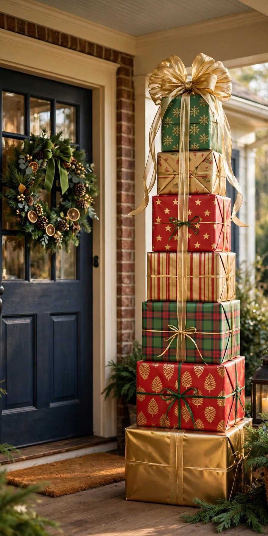 dollar tree christmas decor diy ideas: stacked gift box tower on a front porch