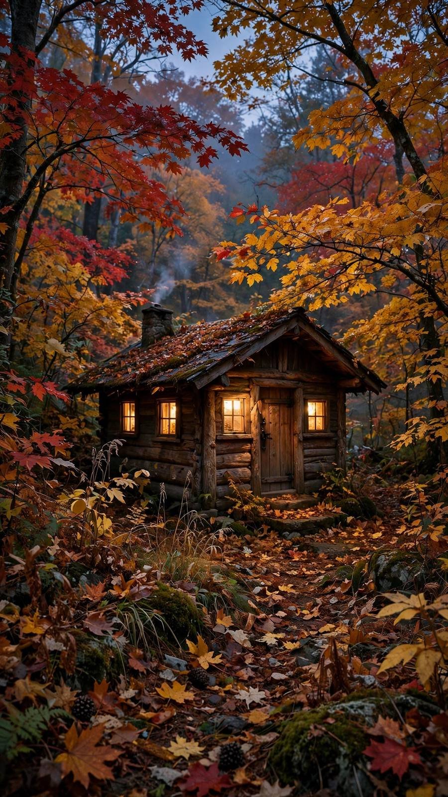 Fall wallpaper ideas: cozy cabin glowing in autumn woods
