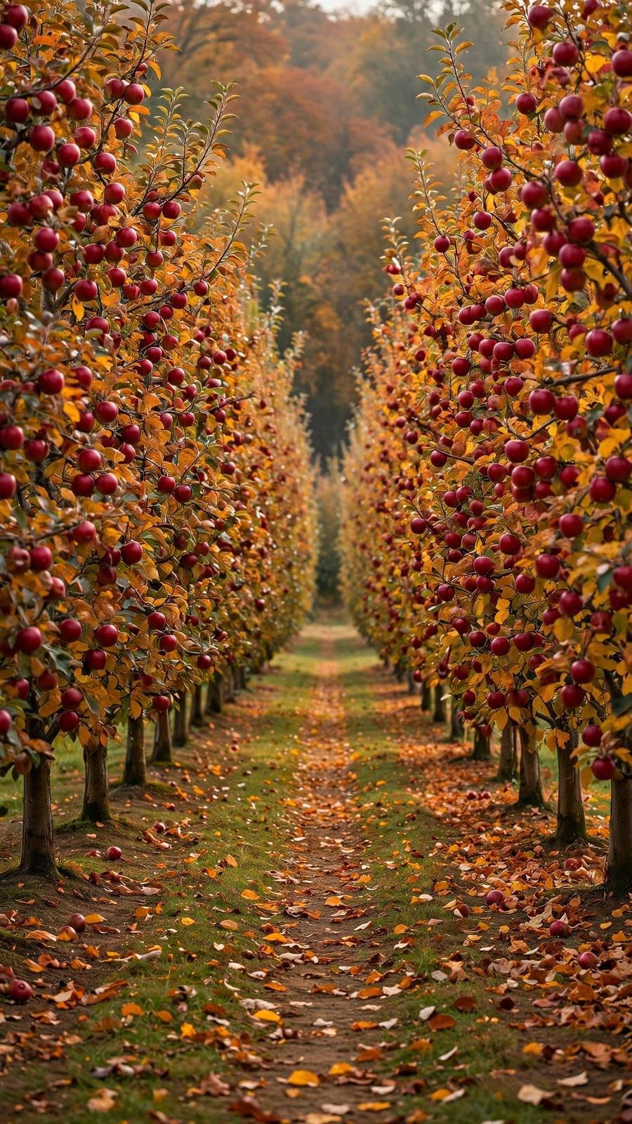 Fall wallpaper ideas: apple orchard rows in autumn