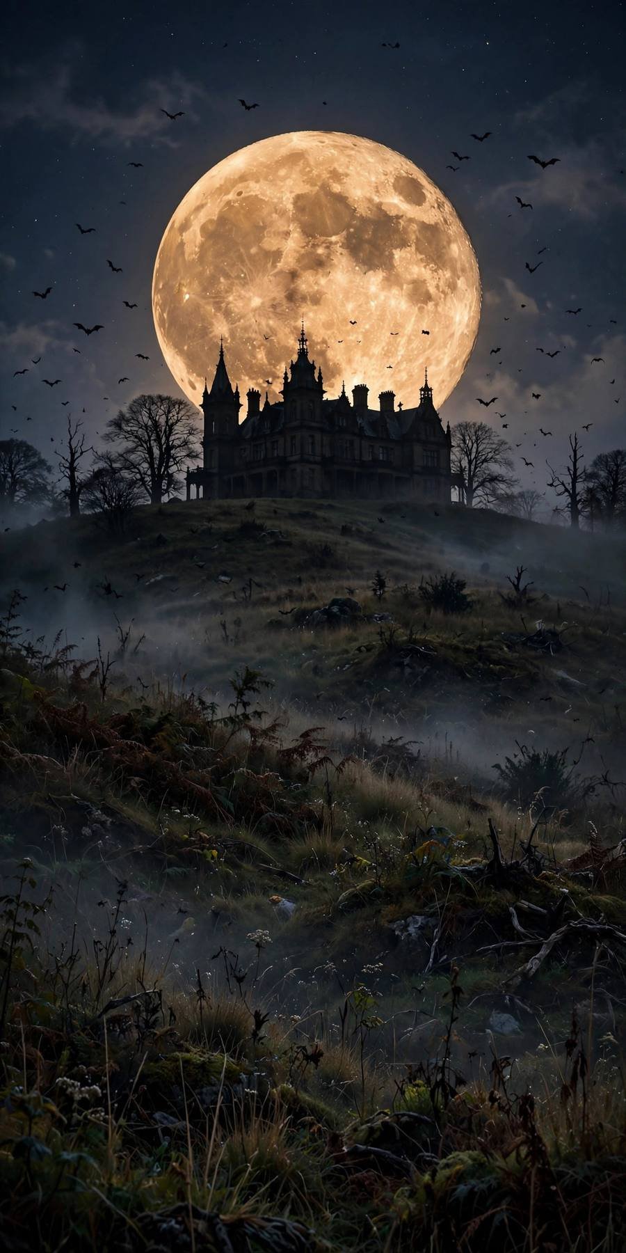 Fall wallpaper ideas: spooky manor silhouetted against harvest moon