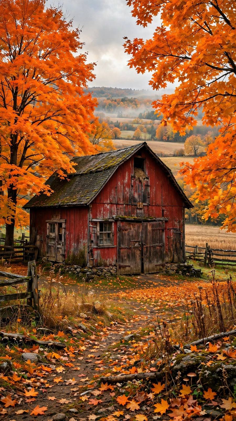 Fall wallpaper ideas: red barn surrounded by fall maples