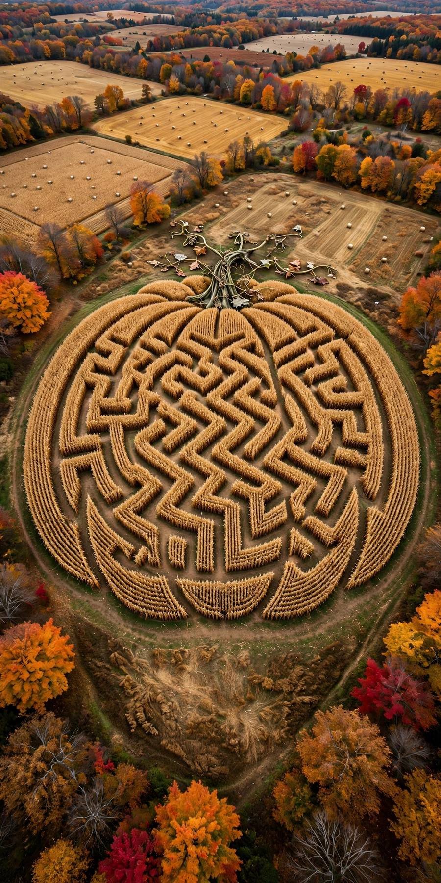 Fall wallpaper ideas: aerial view of pumpkin-shaped corn maze