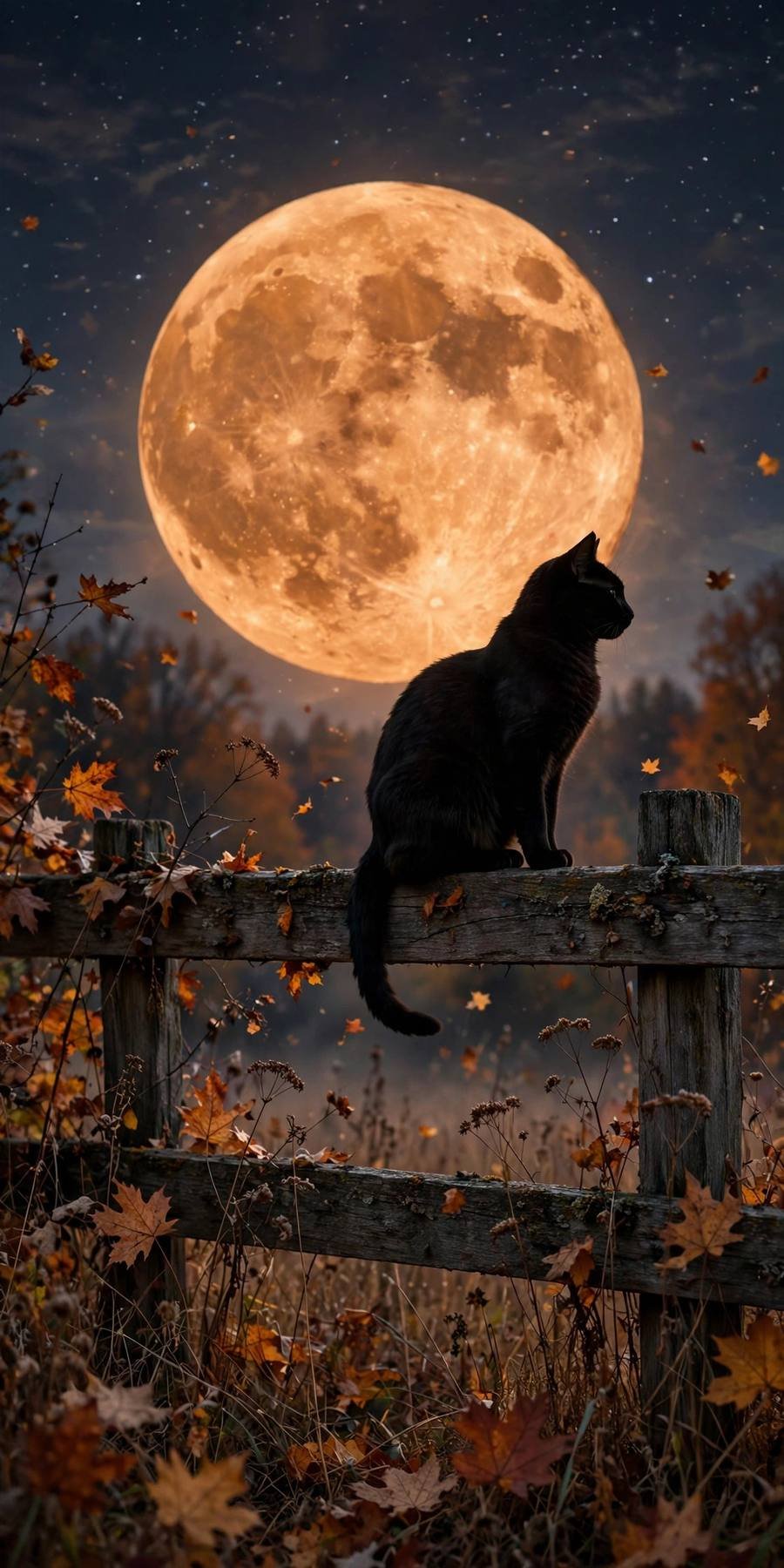Fall wallpaper ideas: black cat silhouette against orange moon