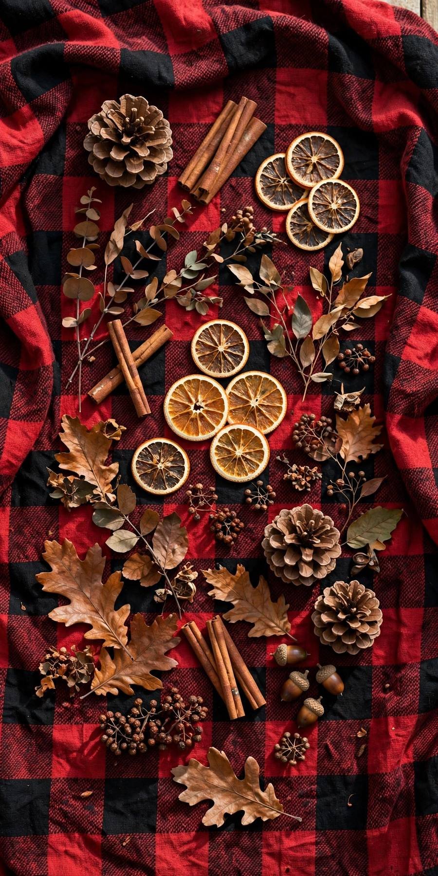 Fall wallpaper ideas: plaid and pinecone autumn flatlay