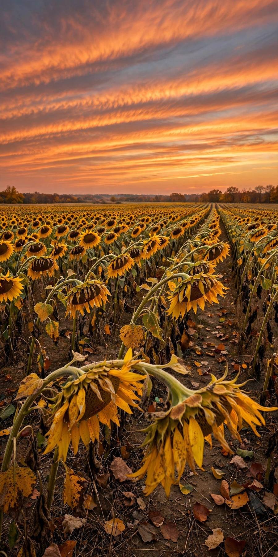 Fall wallpaper ideas: sunflower field under sunset sky