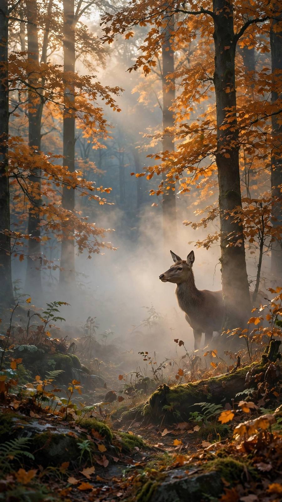 Fall wallpaper ideas: deer in misty autumn woodland at dawn