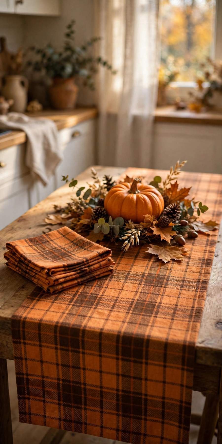 fall kitchen decor ideas: plaid table runner and napkins on a kitchen table
