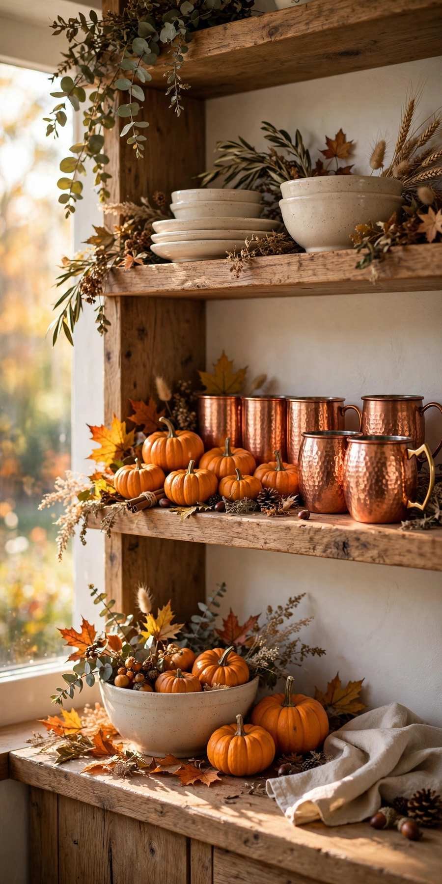 fall kitchen decor ideas: open kitchen shelves styled with fall dishes and pumpkins