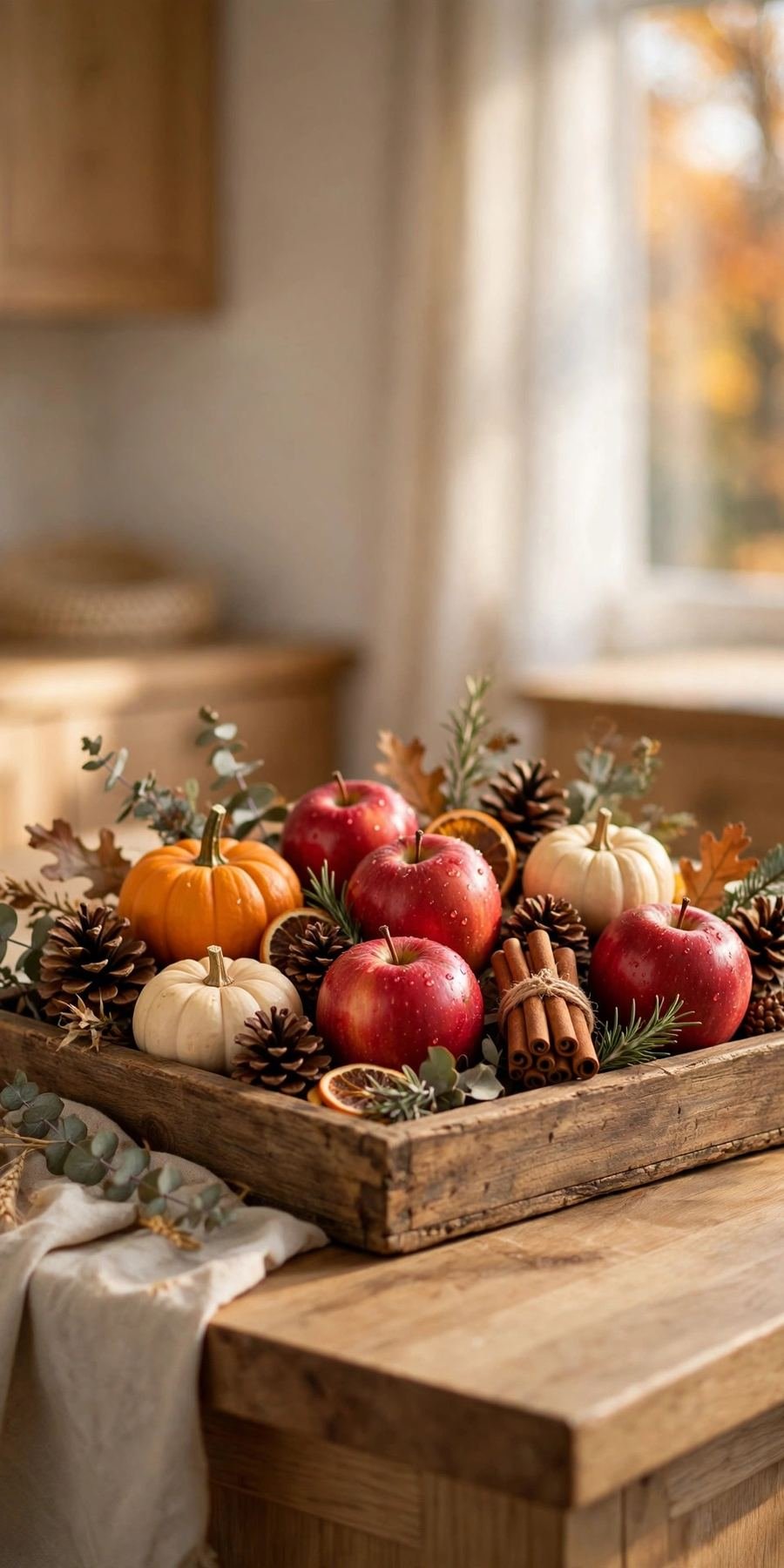 fall kitchen decor ideas: apple and cinnamon centerpiece on a kitchen island