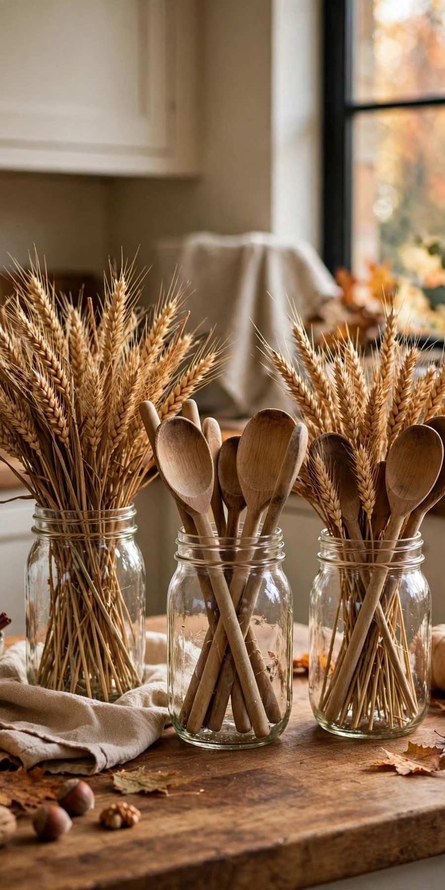 fall kitchen decor ideas: mason jar utensil holders with dried wheat