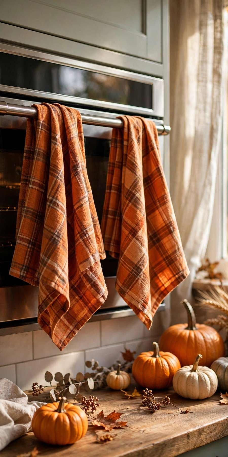fall kitchen decor ideas: fall plaid dish towels hanging on an oven handle