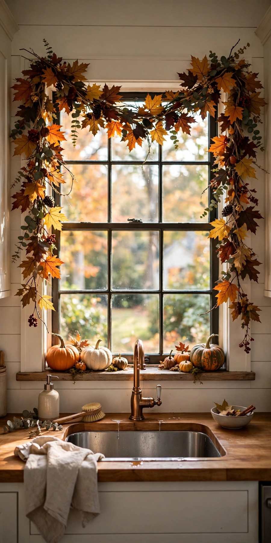 fall kitchen decor ideas: fall leaf garland draped over a kitchen window