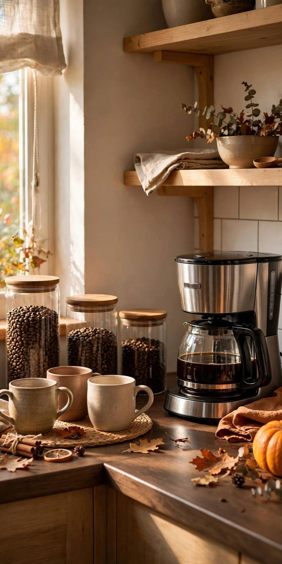 fall kitchen decor ideas: pumpkin spice coffee station on a kitchen counter