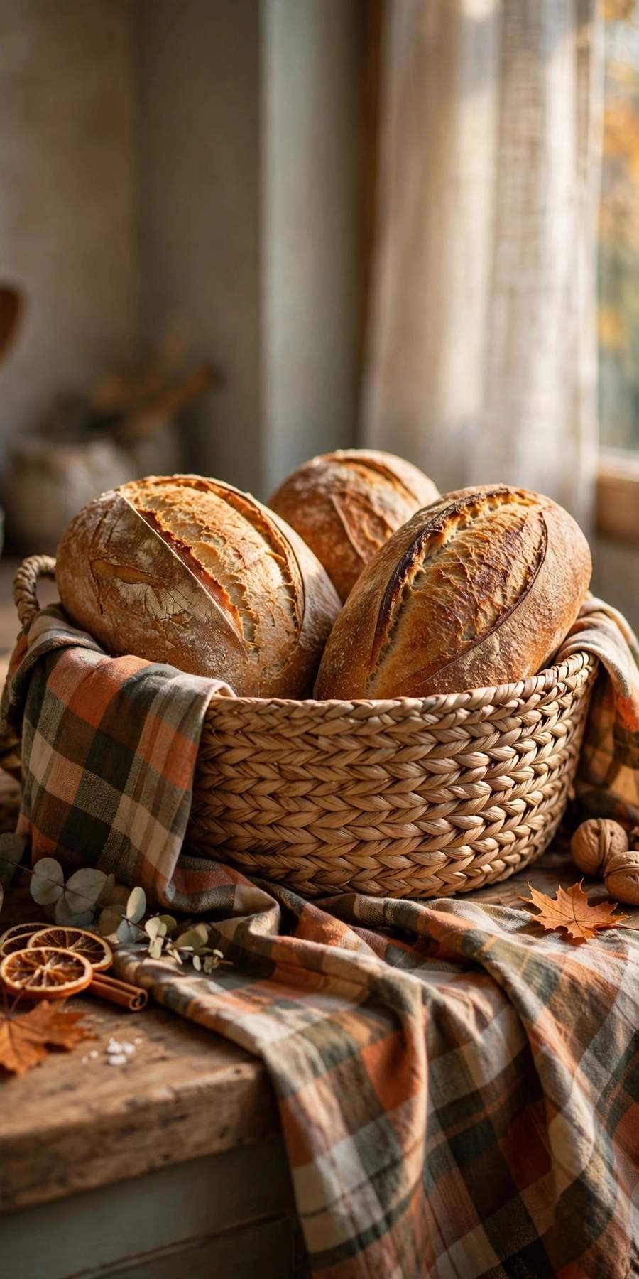 fall kitchen decor ideas: woven basket bread station with plaid cloth