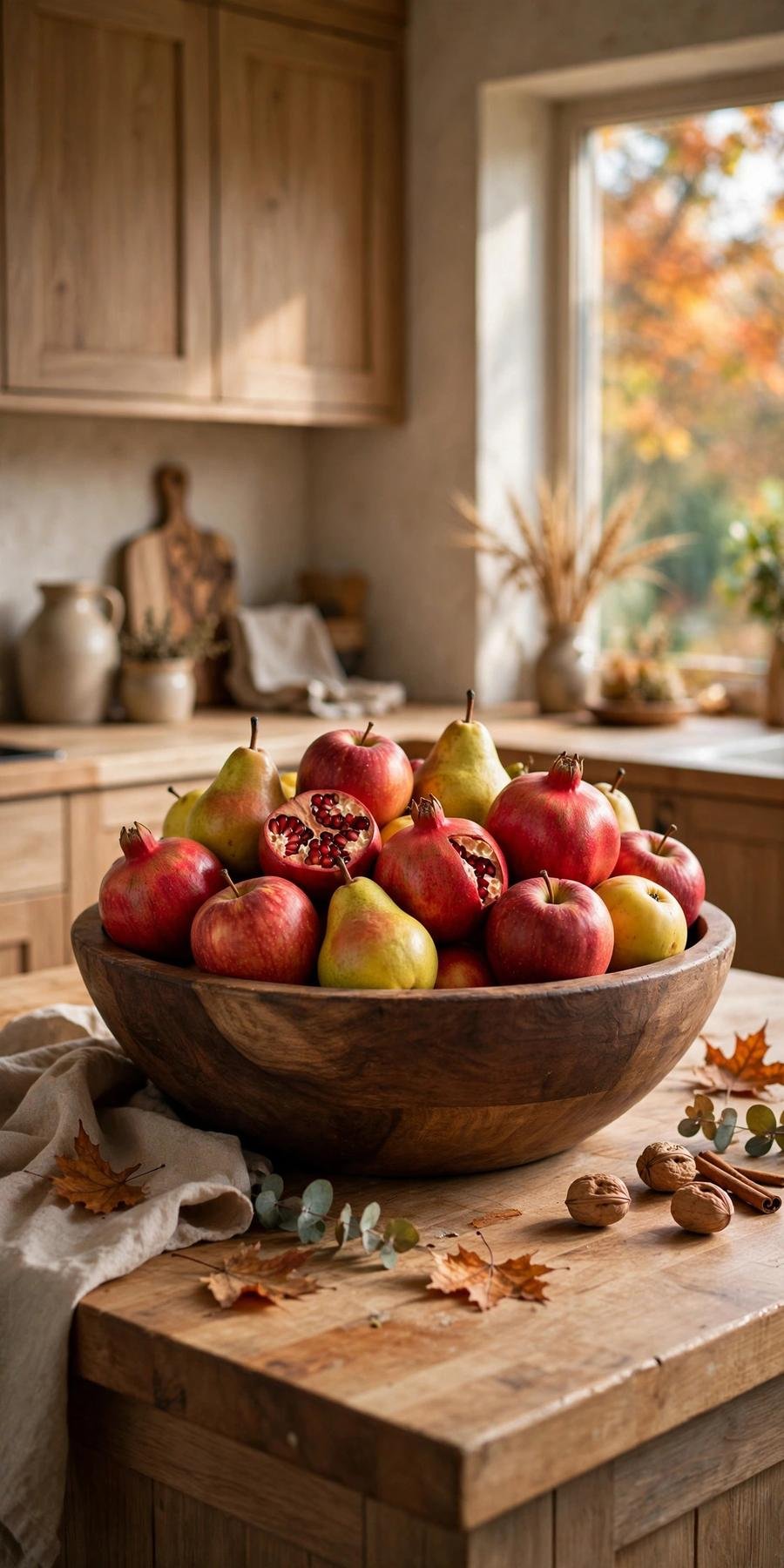 fall kitchen decor ideas: wooden harvest fruit bowl on a kitchen island