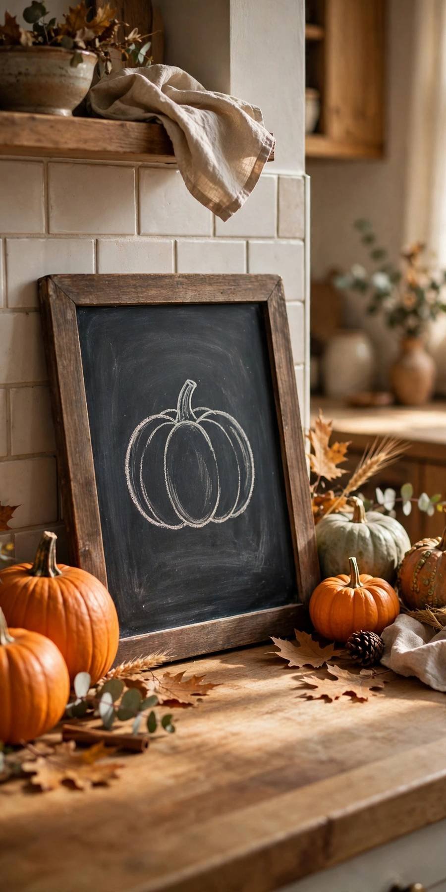fall kitchen decor ideas: chalkboard sign with a chalk pumpkin drawing