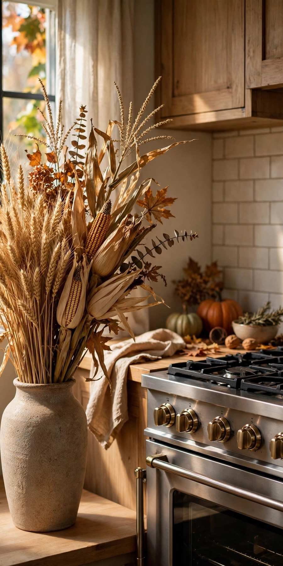 fall kitchen decor ideas: dried wheat and corn bundle in a tall vase