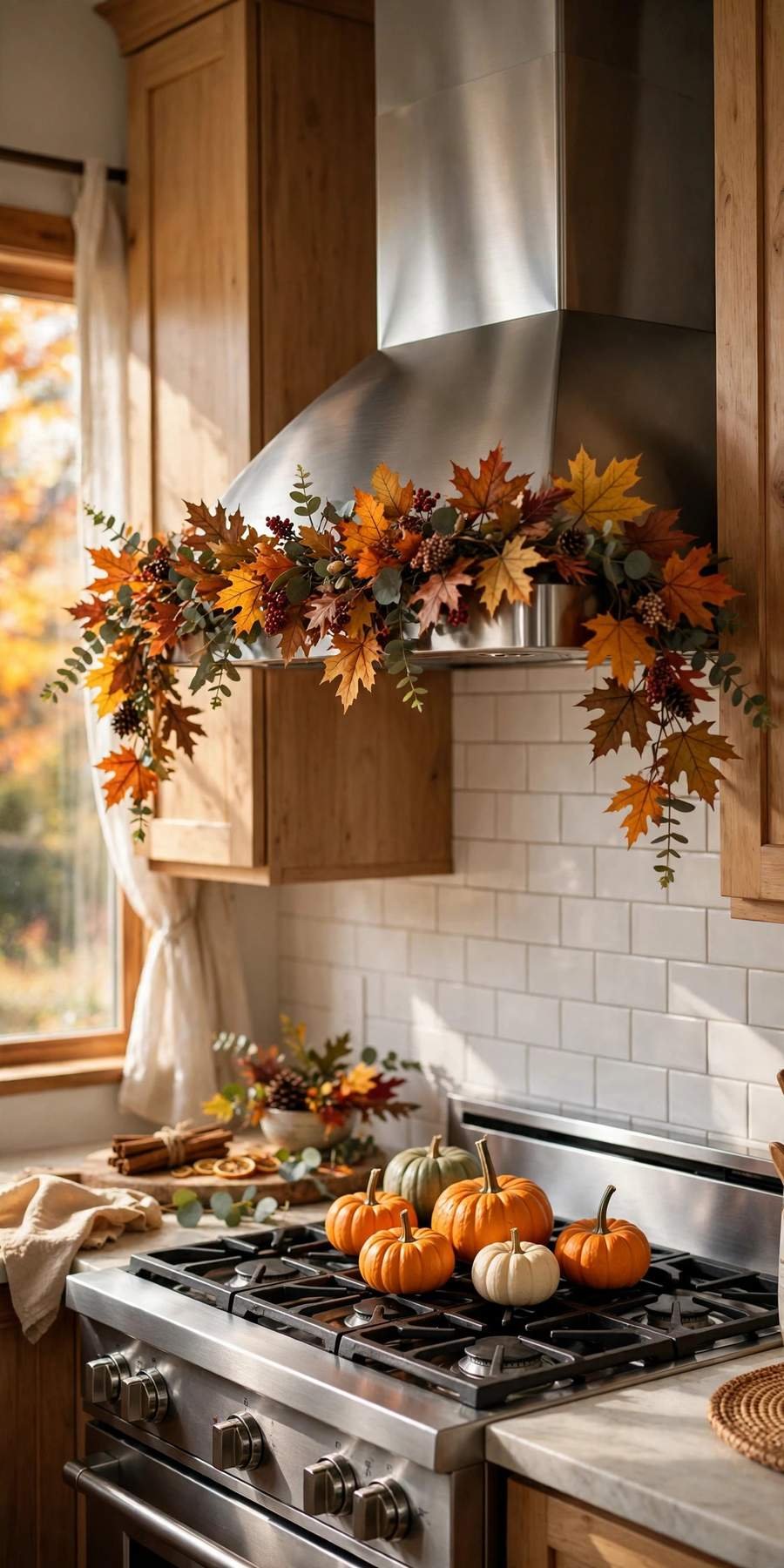 fall kitchen decor ideas: fall garland draped on a range hood