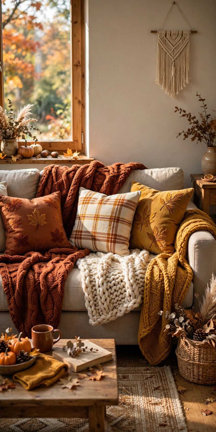 fall living room decor ideas: sofa layered with knit throw blankets in fall colors